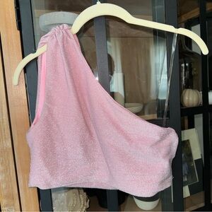Meshki one shoulder crop top glitter metallic barbie pink ruched silver